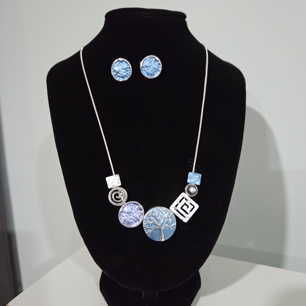 Price Drop! Silver and Blue Tree Pendant Necklace and Earring Set